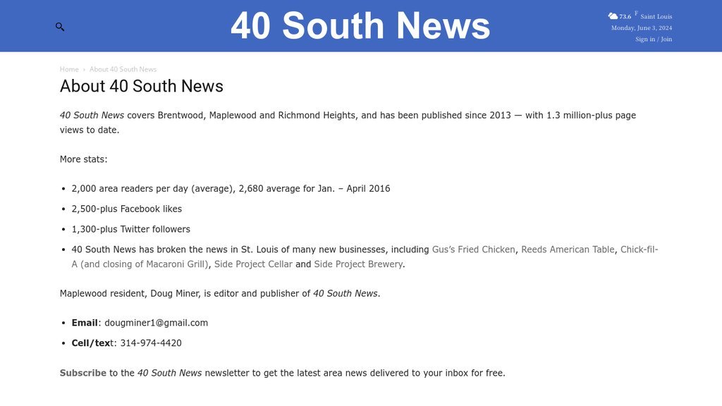 Screenshot of the 40 South News website