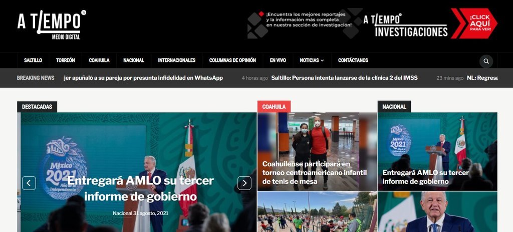 Screenshot of the A Tiempo.Tv website