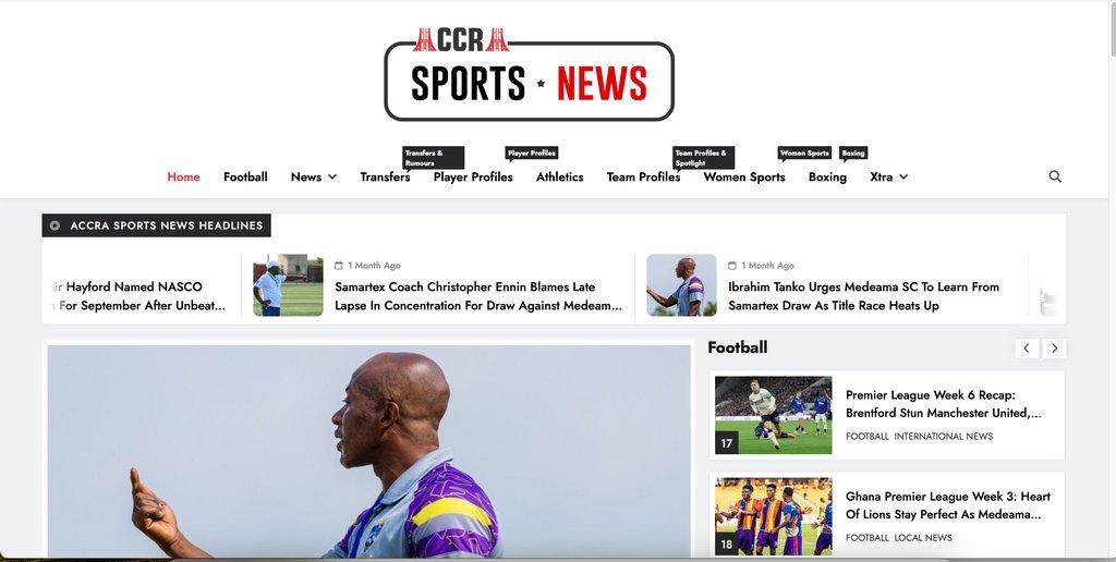 Screenshot of the Accra Sports News website