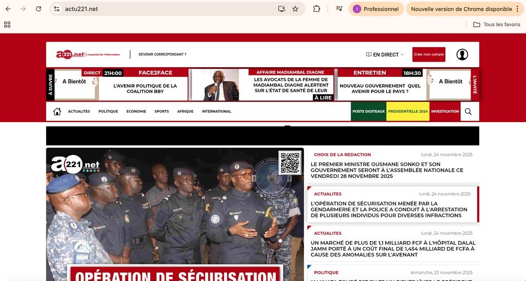 Screenshot of the Actu 221 website