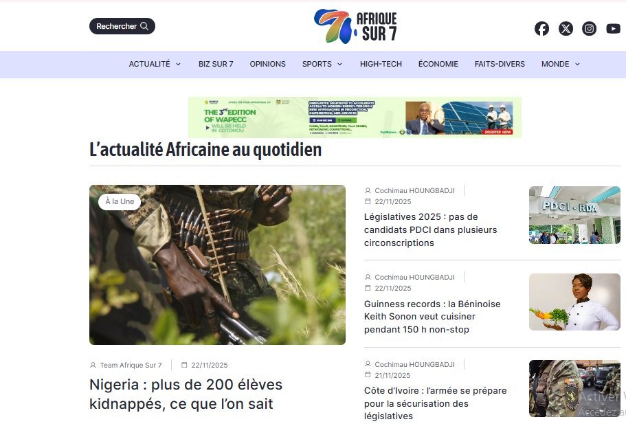 Screenshot of the Afrique Sur 7 website