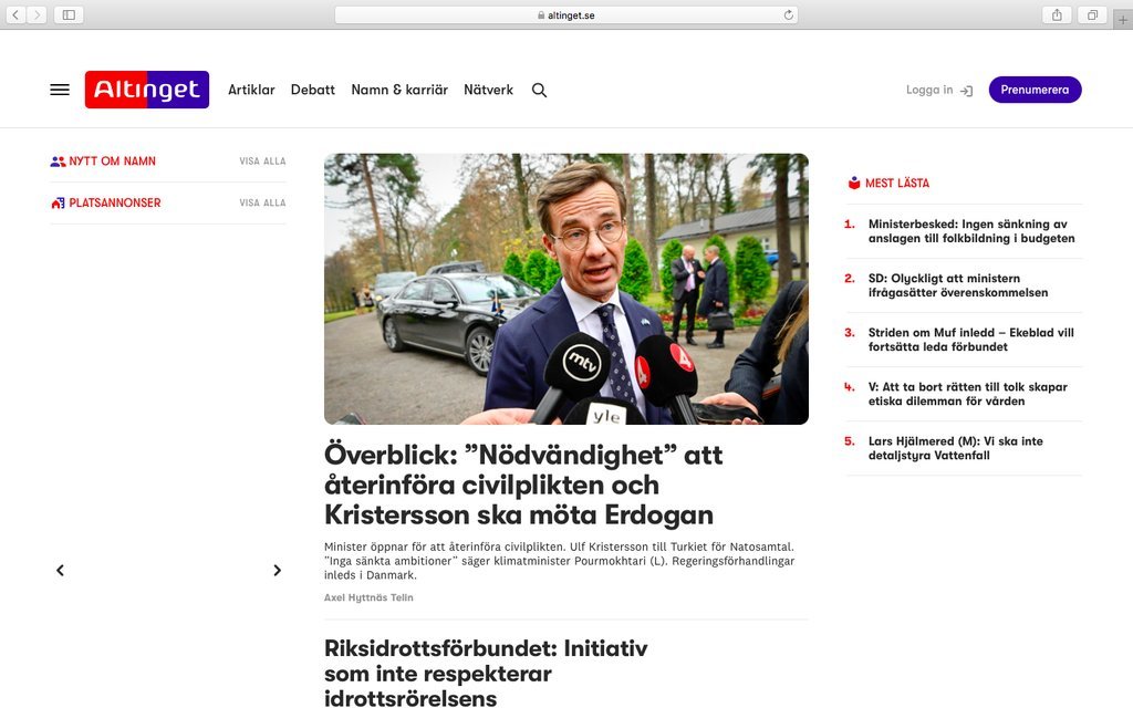 Screenshot of the Altinget website