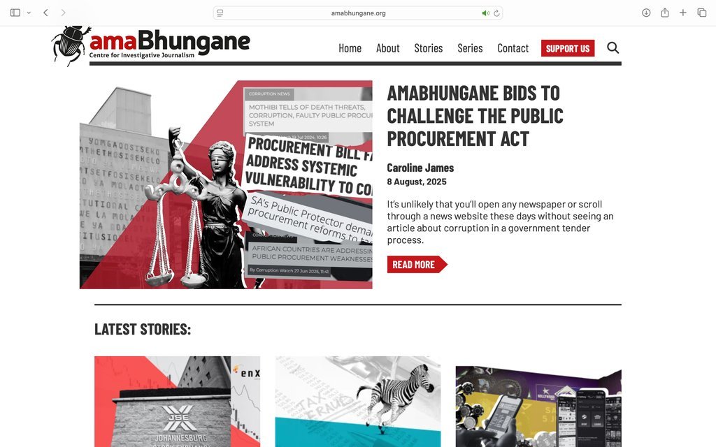 Screenshot of the AmaBhungane Centre for Investigative Journalism NPC website