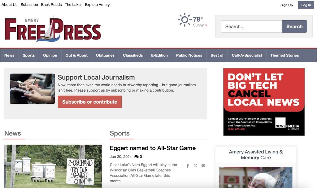 Screenshot of the Amery Free Press website
