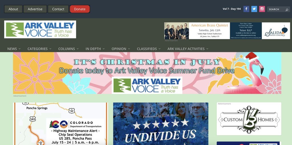Screenshot of the Ark Valley Voice website
