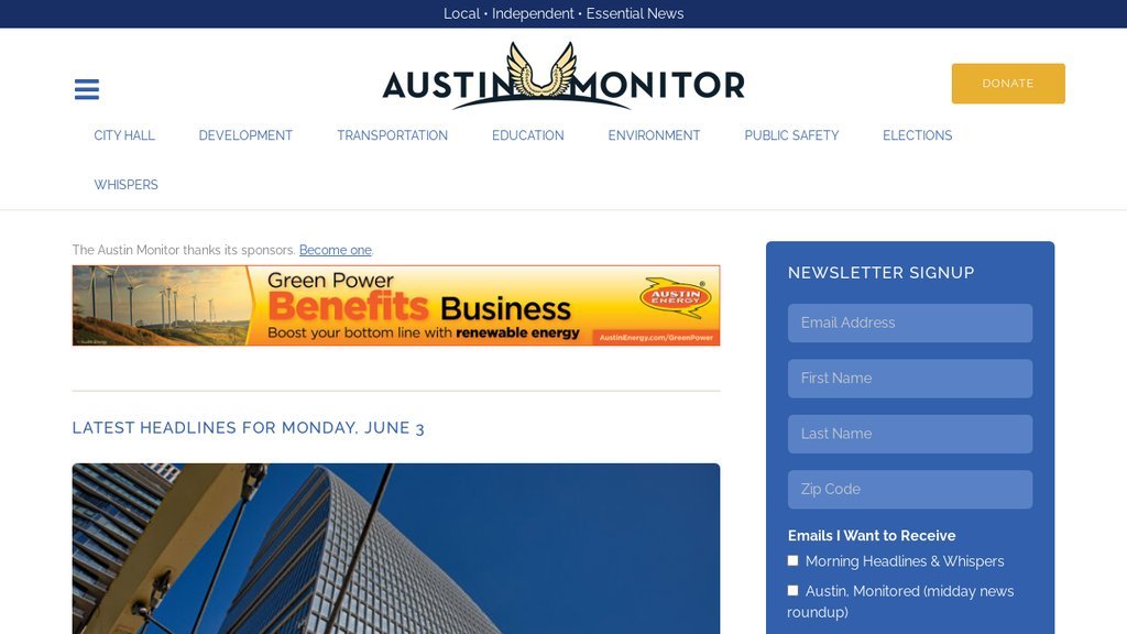 Screenshot of the Austin Monitor website
