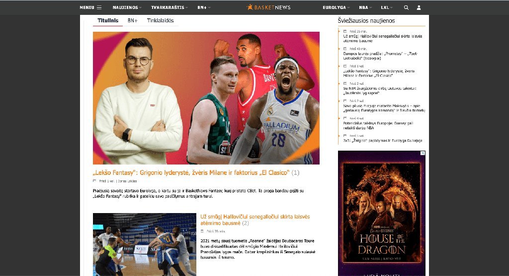 Screenshot of the Basketnews.lt website