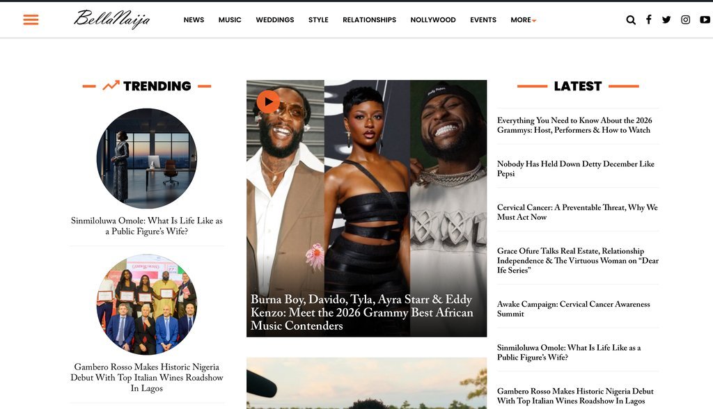 Screenshot of the BellaNaija website