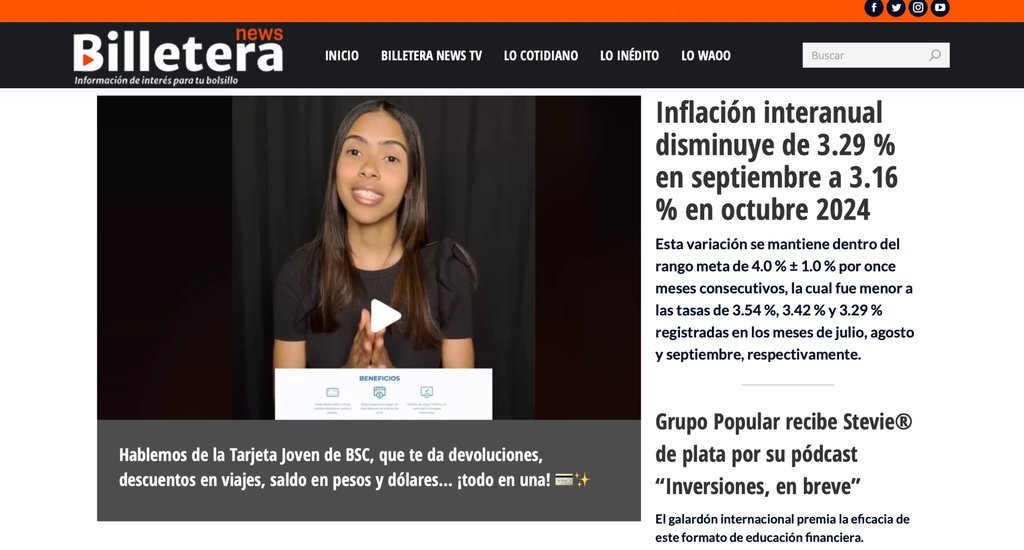 Screenshot of the Billetera News website