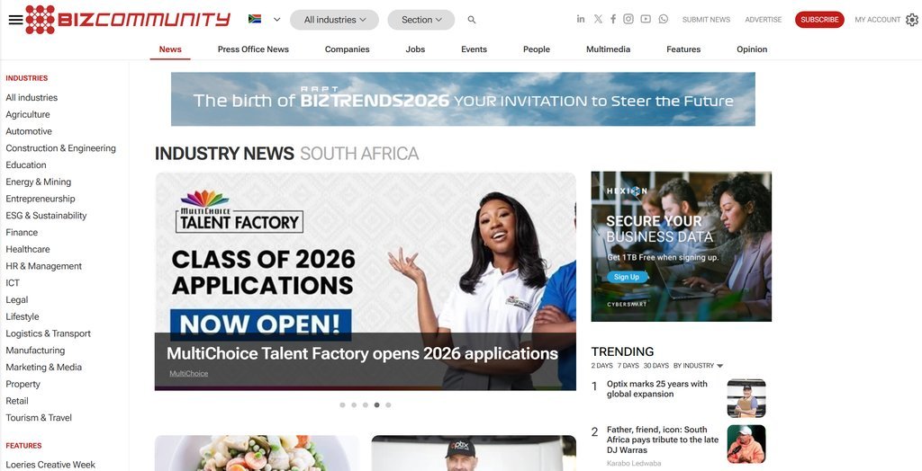 Screenshot of the Bizcommunity website
