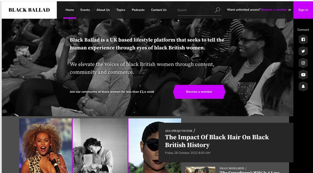 Screenshot of the Black Ballad website