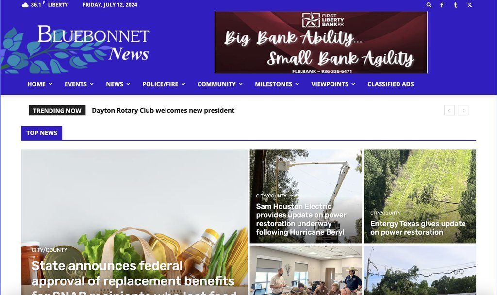 Screenshot of the Bluebonnet News website