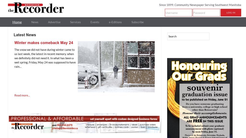 Screenshot of the Boissevain Recorder, The website