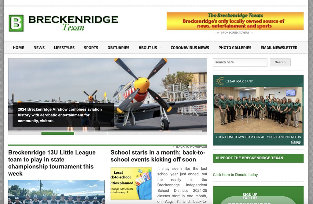 Screenshot of the Breckenridge Texan website