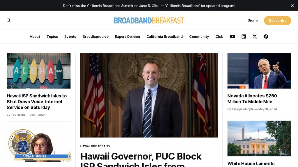 Screenshot of the Broadband Breakfast website