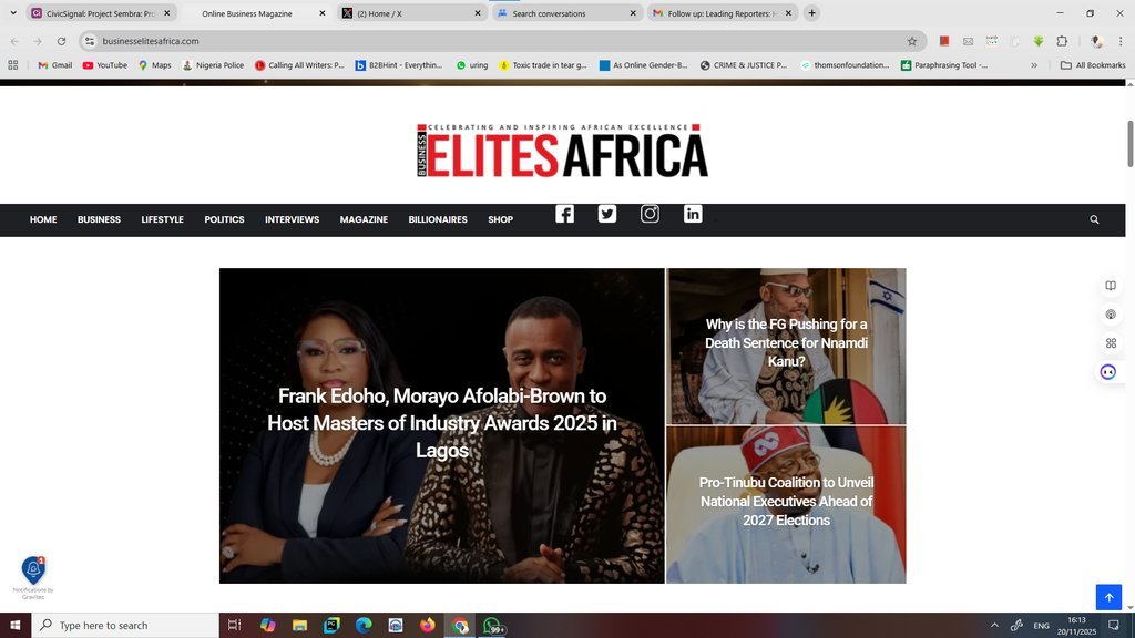 Screenshot of the Business Elites Africa website