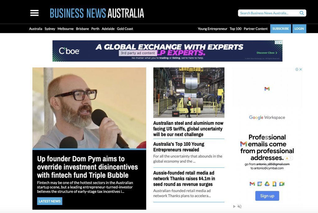 Screenshot of the Business News Au website
