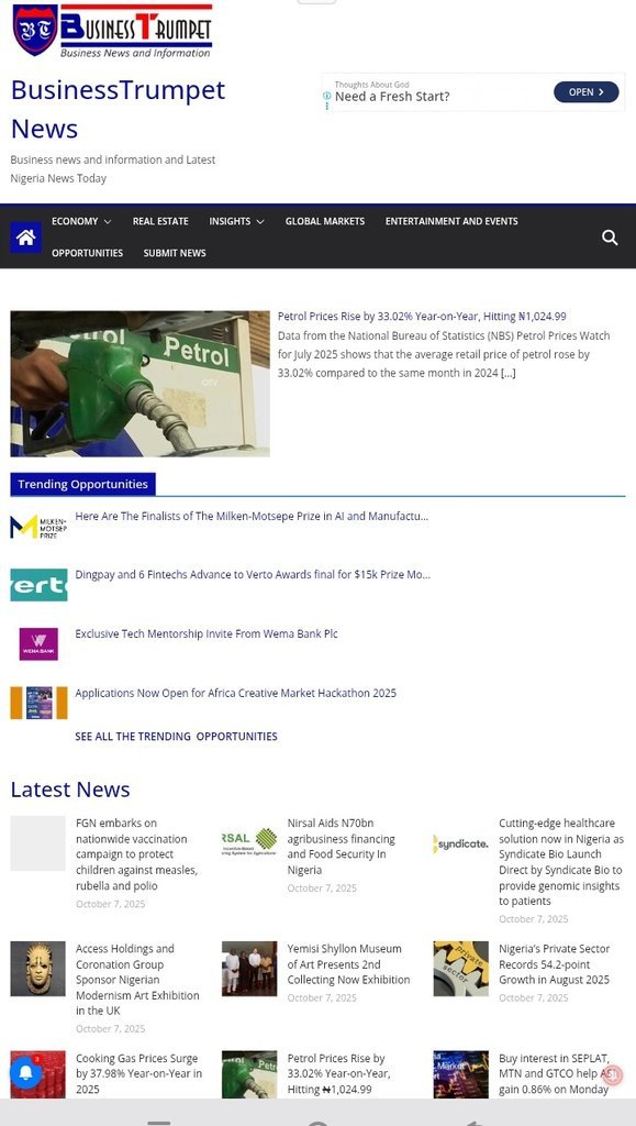 Screenshot of the BusinessTrumpet News website