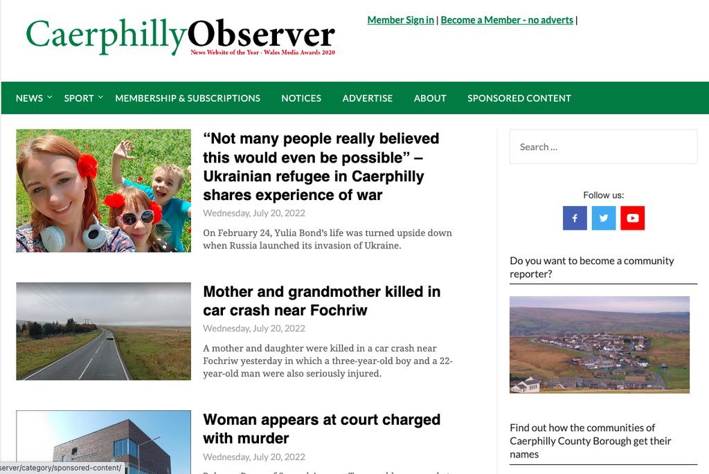 Screenshot of the Caerphilly Observer website