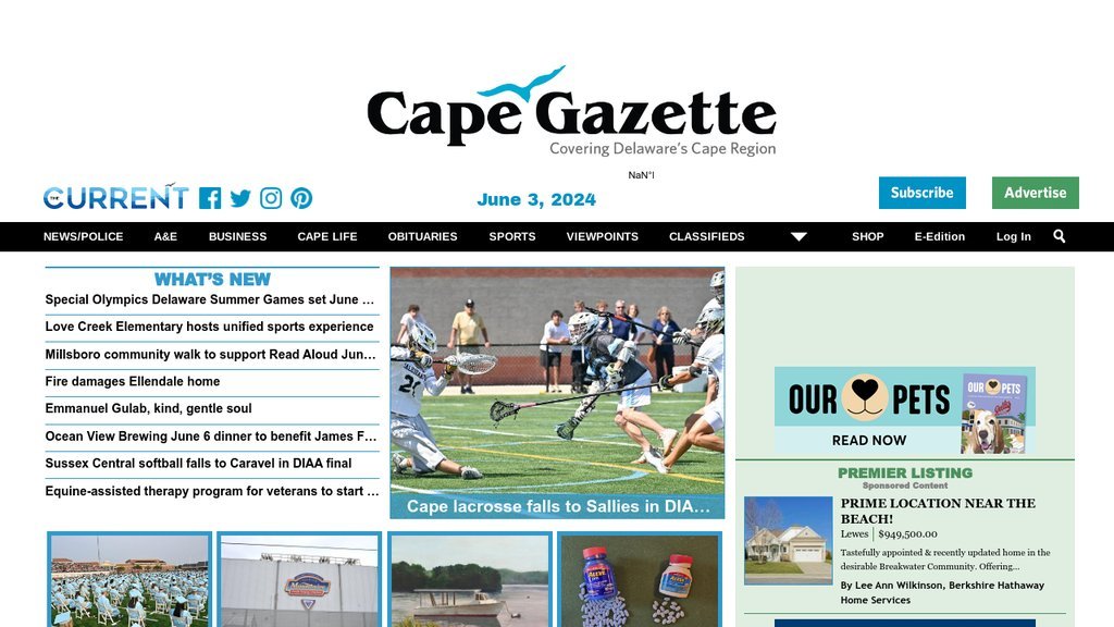 Screenshot of the Cape Gazette website