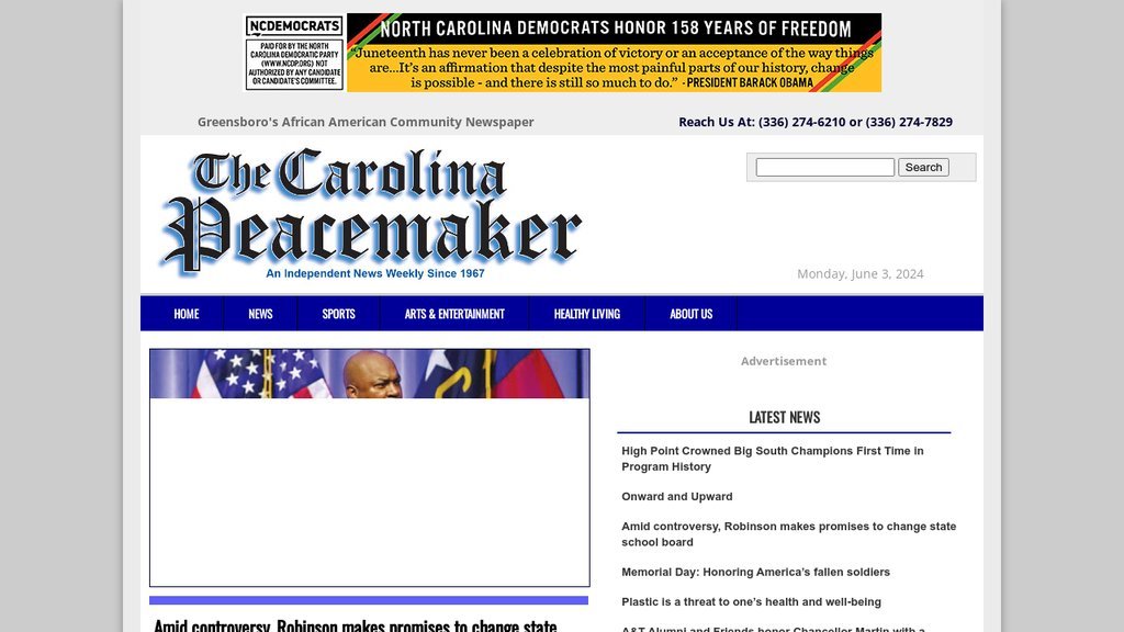 Screenshot of the Carolina Peacemaker website