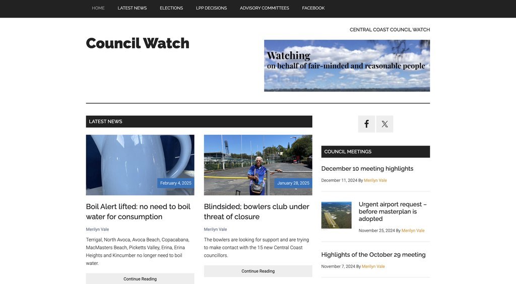 Screenshot of the Central Coast Council Watch website