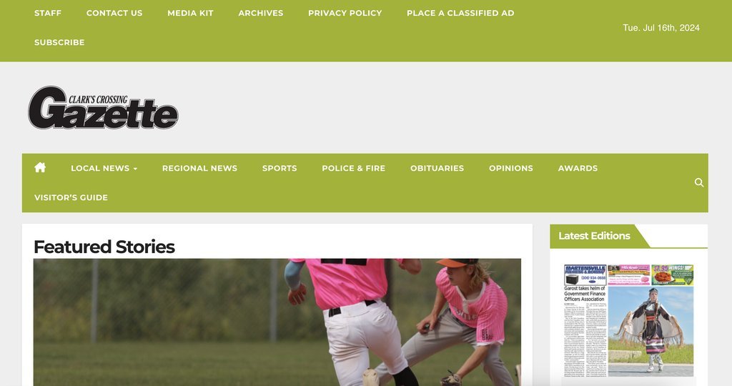 Screenshot of the Clark's Crossing Gazette website