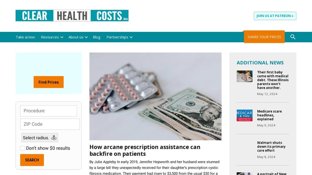 Screenshot of the Clear Health Costs website