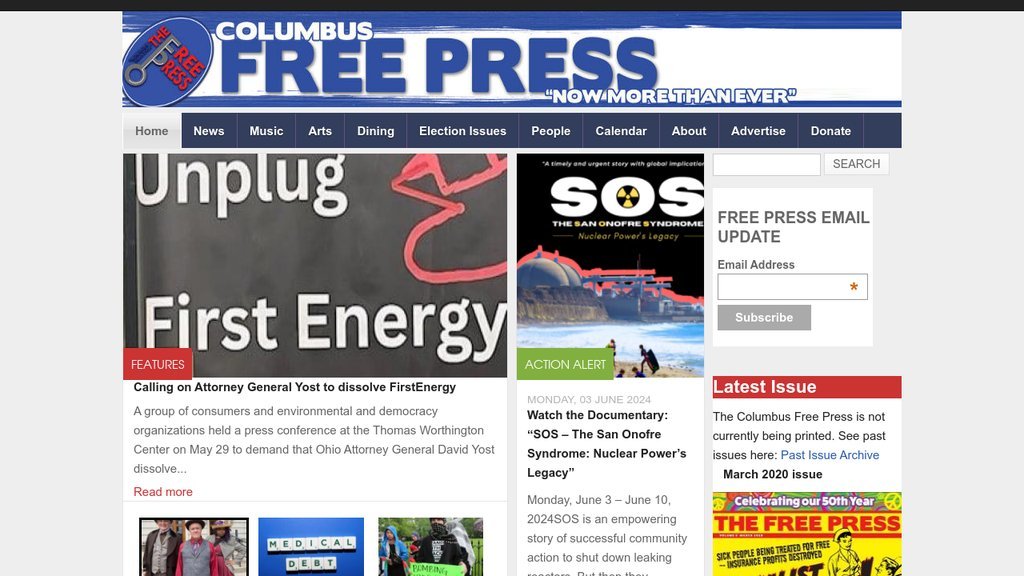 Screenshot of the Columbus Free Press website