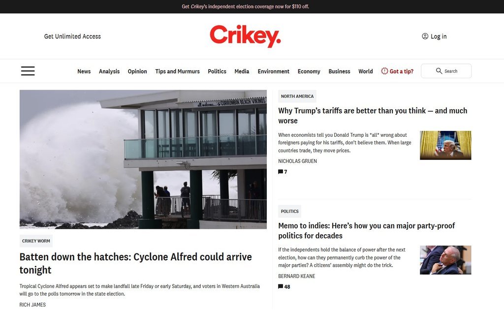 Screenshot of the Crikey website