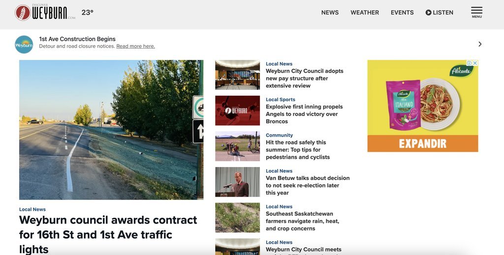 Screenshot of the Discover Weyburn website