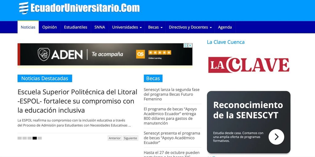 Screenshot of the Ecuador Universitario website