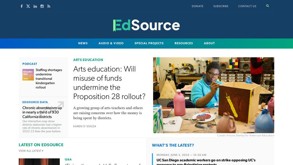 Screenshot of the Edsource website