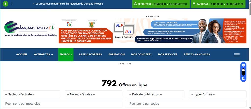 Screenshot of the educarriere.ci website