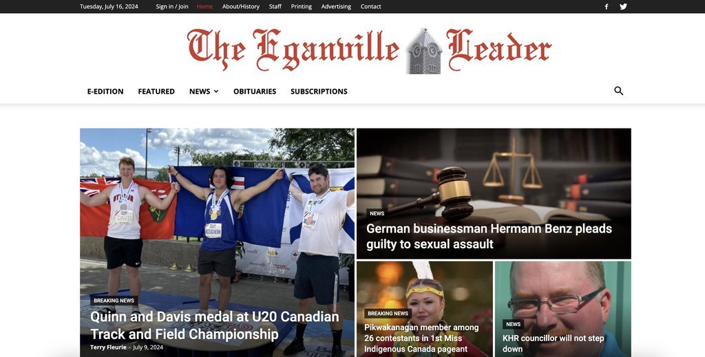 Screenshot of the Eganville Leader website