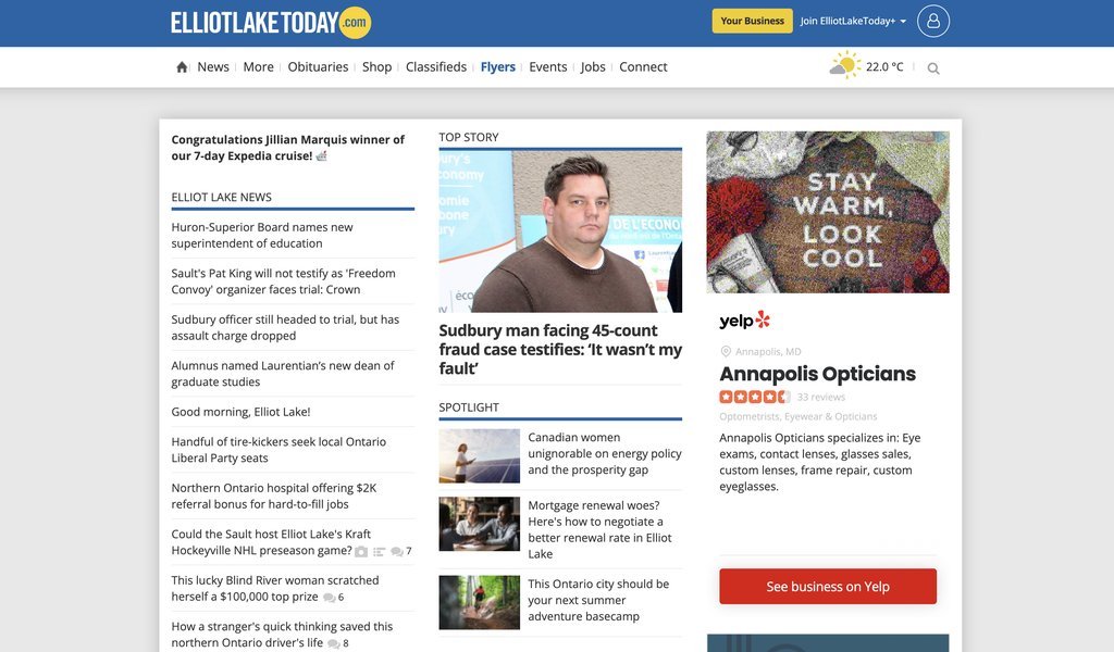 Screenshot of the ElliotLakeToday.com website