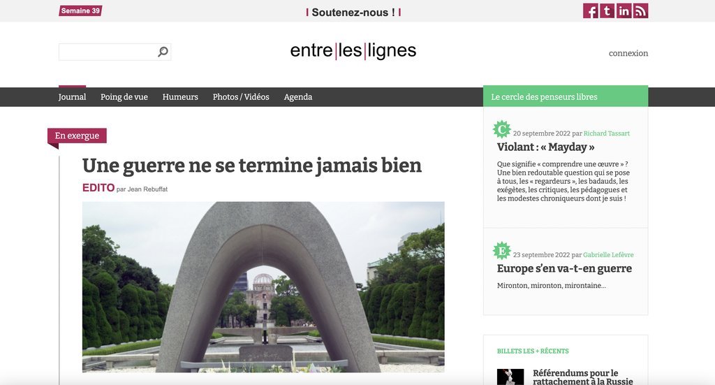 Screenshot of the Entreleslignes.be website