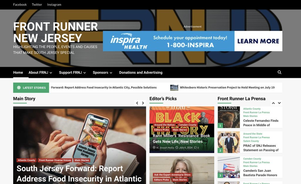 Screenshot of the Front Runner New Jersey.com website