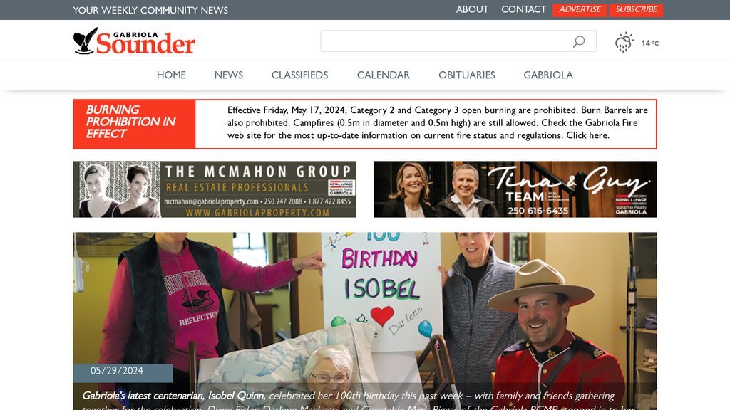 Screenshot of the Gabriola Sounder, The website