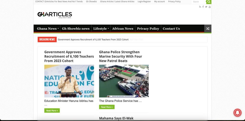 Screenshot of the GH Articles website