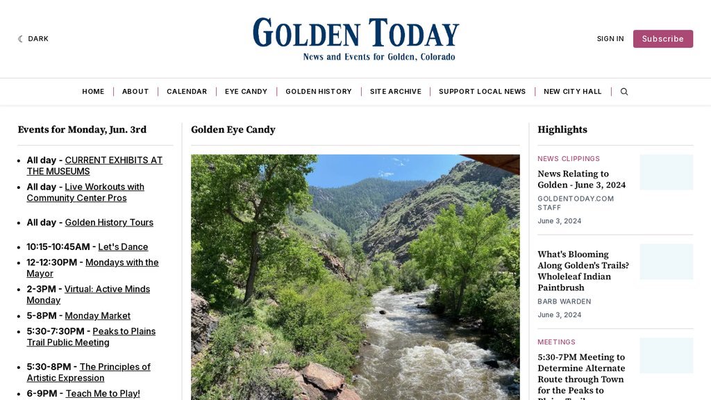 Screenshot of the Golden Today website