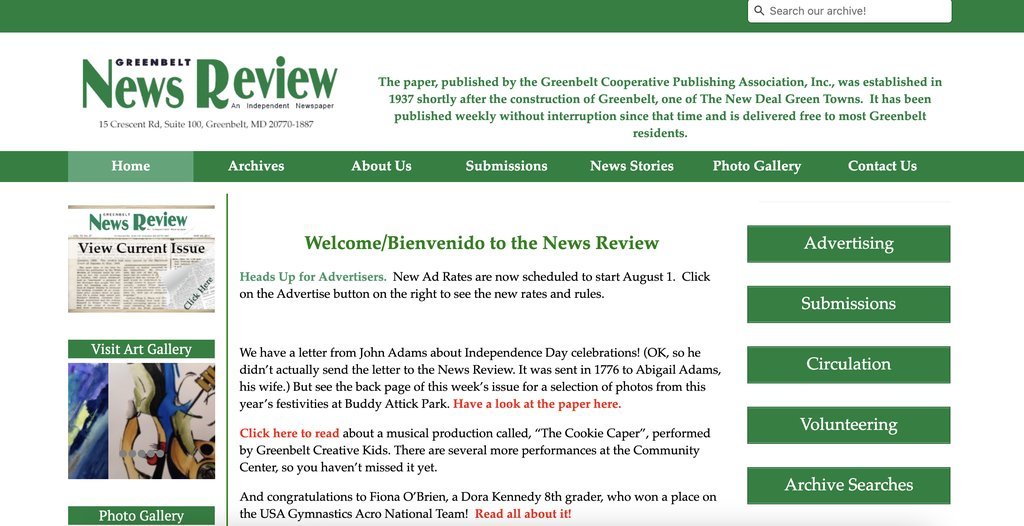 Screenshot of the Greenbelt News Review website