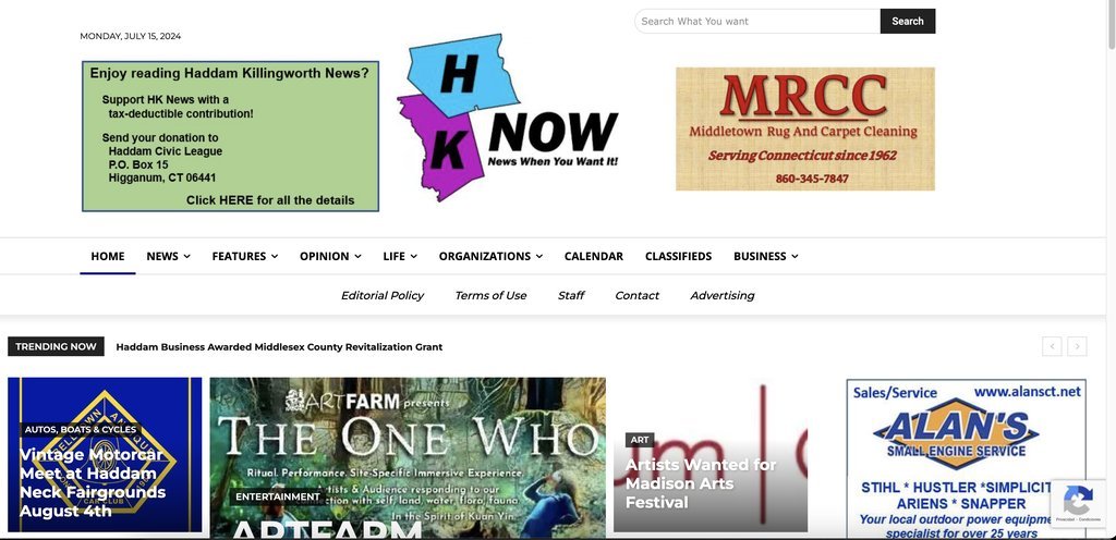Screenshot of the Haddam Now website