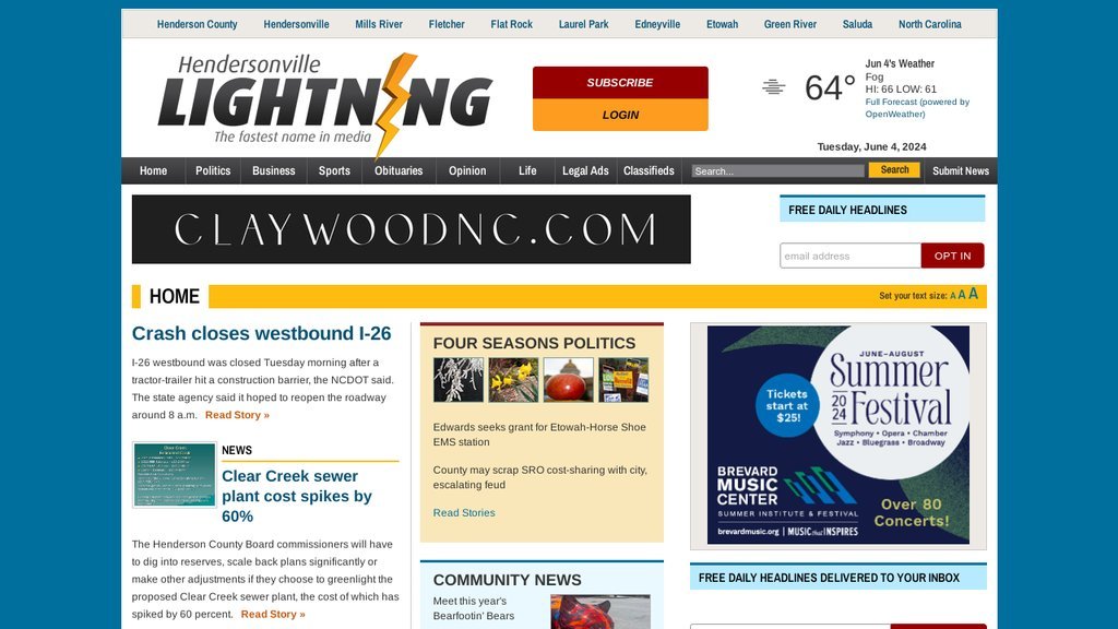 Screenshot of the Hendersonvillelightning.com website