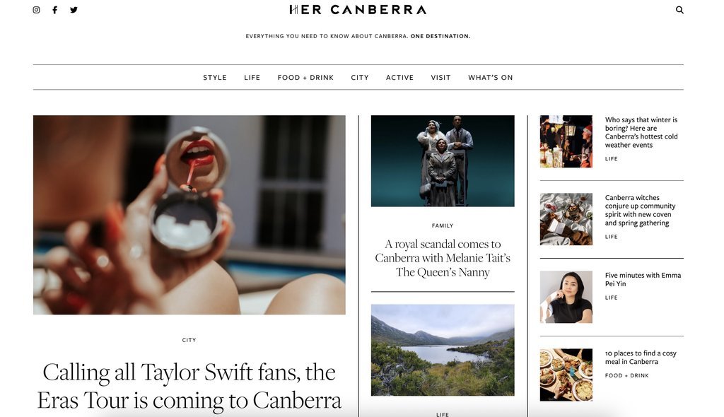 Screenshot of the Her Canberra website