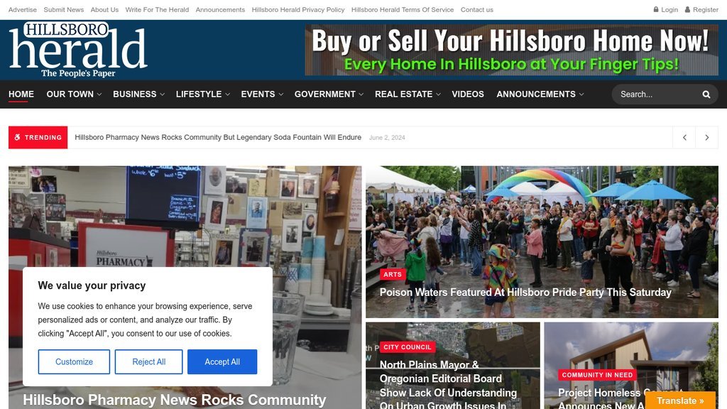 Screenshot of the Hillsboro Herald website