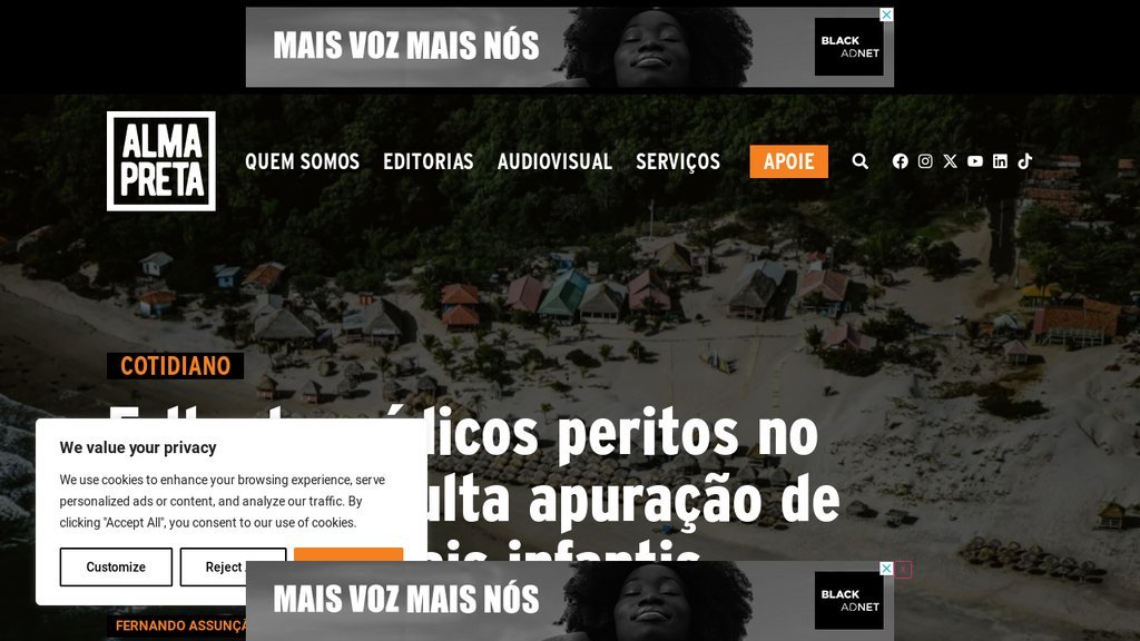 Screenshot of the Instituto Alma Preta Jornalismo website