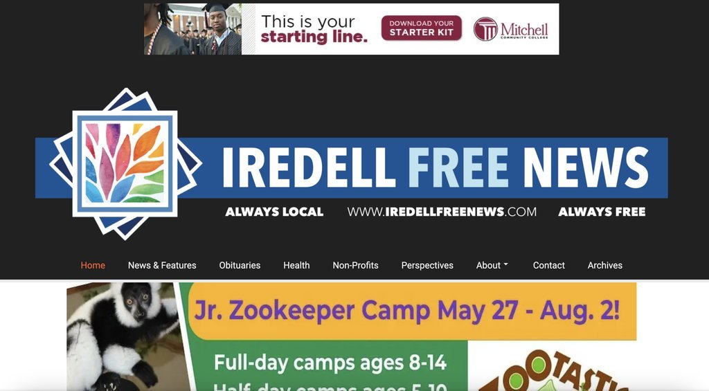 Screenshot of the Iredell Free News website