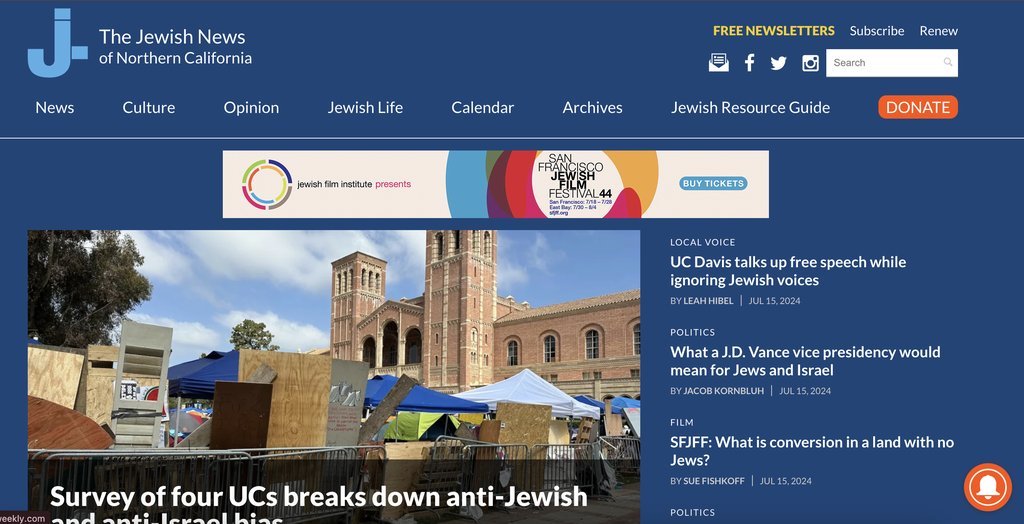 Screenshot of the J. The Jewish News of Northern California (dba) website
