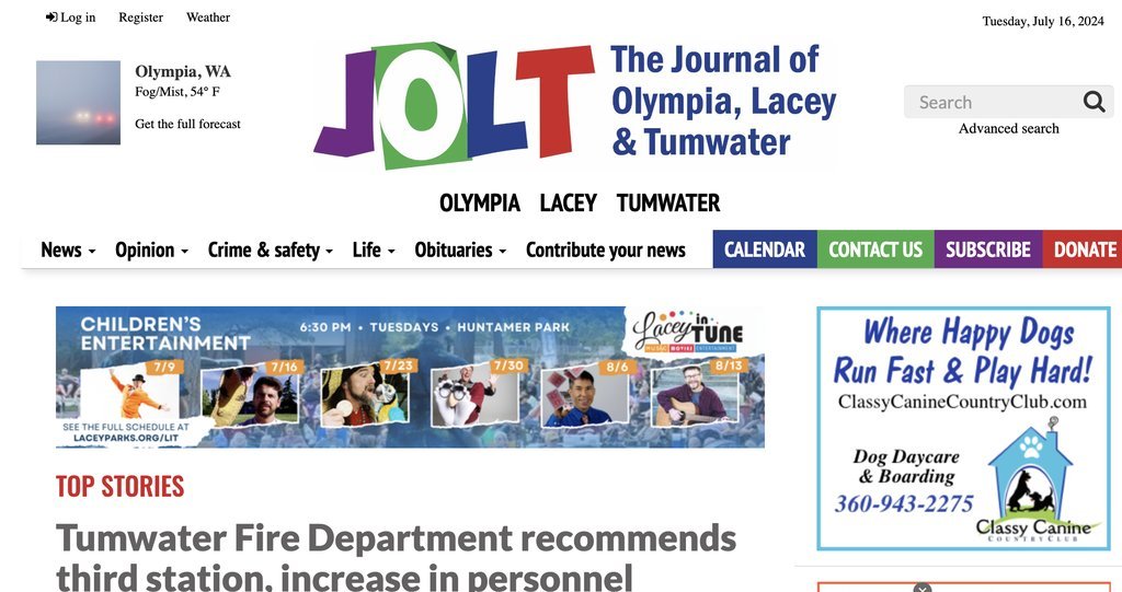 Screenshot of the JOLT: The Journal of Olympia, Lacey & Tumwater website